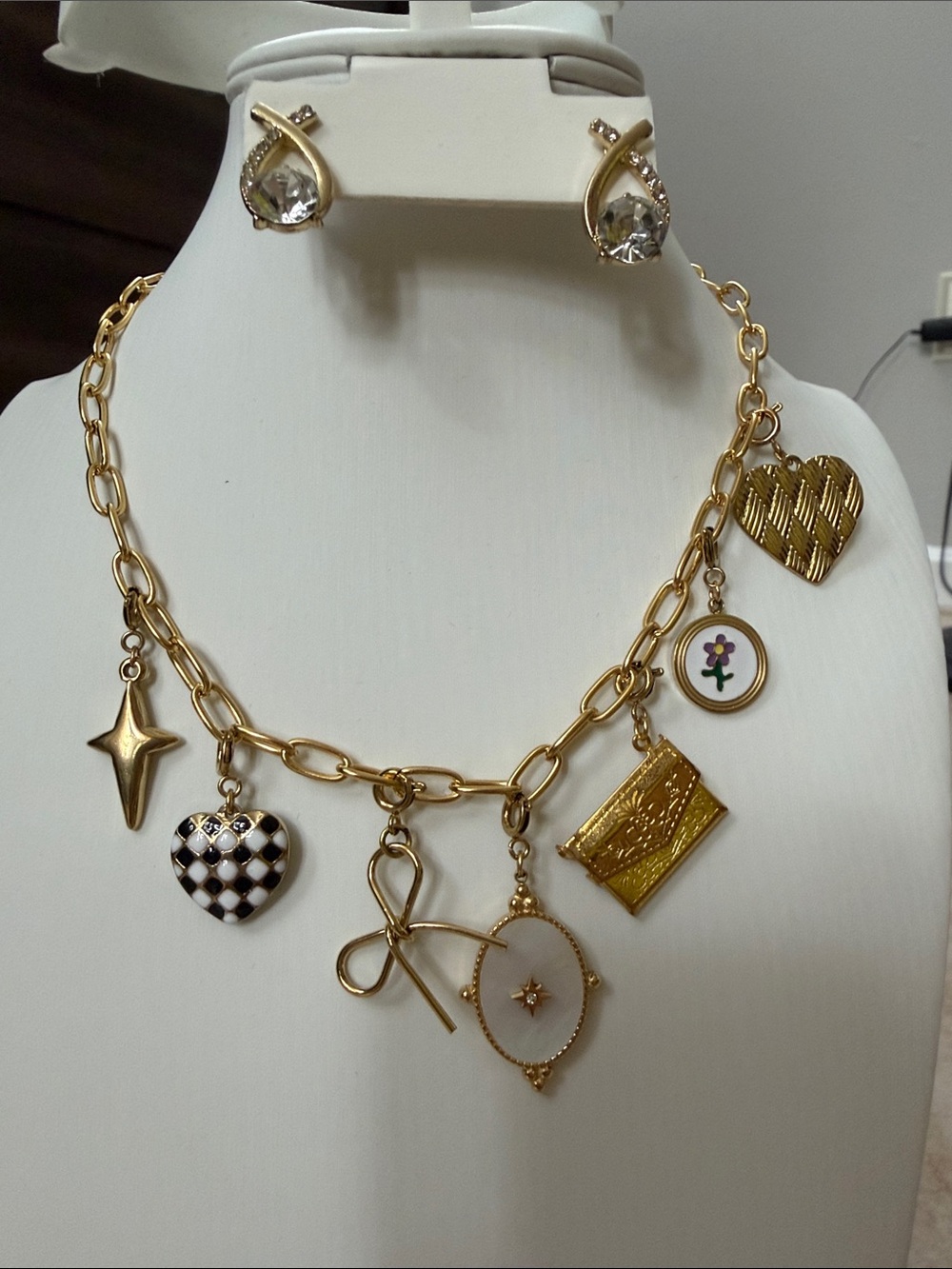 Gold Charm Link Necklace with Crystal Heart Earrings - Gold